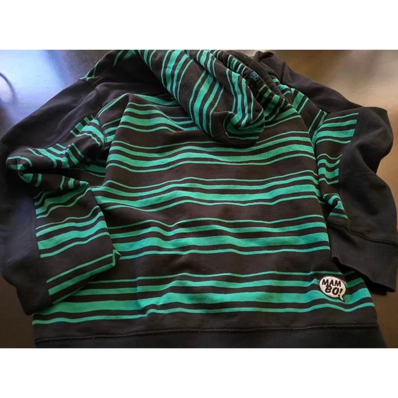 Super RARE 1990s Y2K Men's Mambo Black & Green Striped Full-Zip Hoodie EUC Sz L - Picture 6 of 12